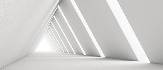 Empty Long Light Corridor. Modern white background. Futuristic Sci-Fi Triangle Tunnel. 3D Rendering