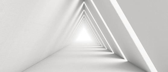 Empty Long Light Corridor. Modern white background. Futuristic Sci-Fi Triangle Tunnel. 3D Rendering