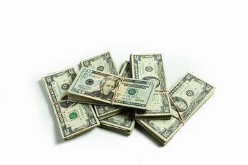 stacks of twenty dollar bills bundled with rubber bands isolated on white background