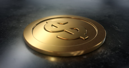 Macro shot of gold coin with dollar sign. Symbol about finance and money. 3D illustration.