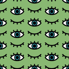 Vector seamless pattern of eyes open and closed on green background