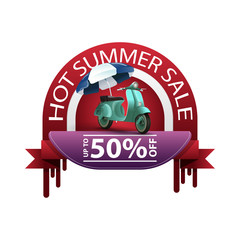 Obraz na płótnie Canvas Hot summer sale, round discount banner for your website with scooter with a beach umbrella