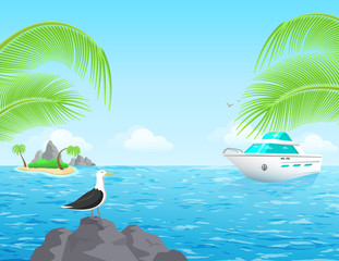 flat vector image, summer holiday on the sea, palm trees and island against the sky, boat and sea bird
