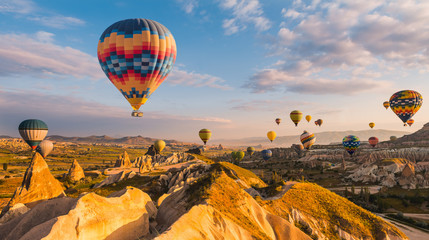 Hot air balloon flying over red poppies field Cappadocia region, Turkey - obrazy, fototapety, plakaty