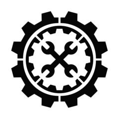 Vector illustration of gears, inside are crossed wrenches. Subject images steampunk, suitable for use in the form of a logo or icon. Made in black and white.