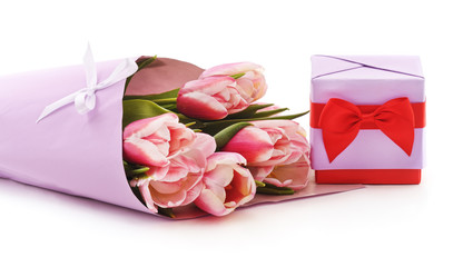 Pink tulips and gift.