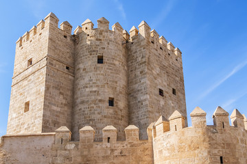 Fototapeta na wymiar View of Cordoba Calahorra Tower. Tower of Calahorra - fortress of Islamic origin conceived as an entrance and protection Roman Bridge of Cordoba across Guadalquivir River. Cordoba, Andalusia, Spain.