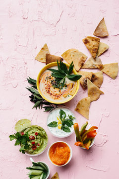 Assorted Dips with Tortilla Chips and Vegetable Sticks