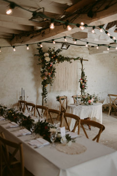 Romantic bohemian handmade macrame decor for wedding reception