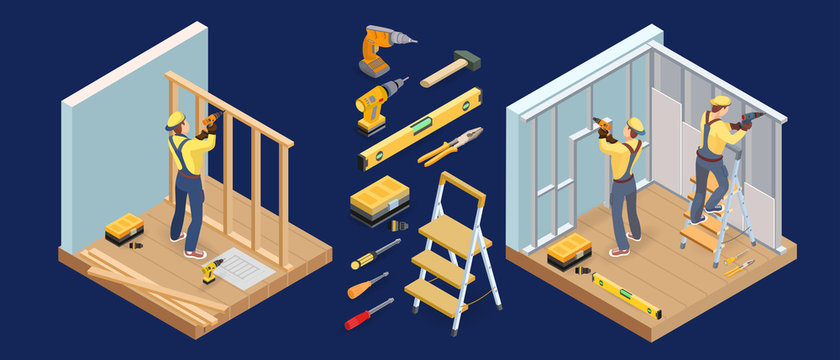 Building services. Isometric interior repairs concept. Carpenter, tools. Vector.