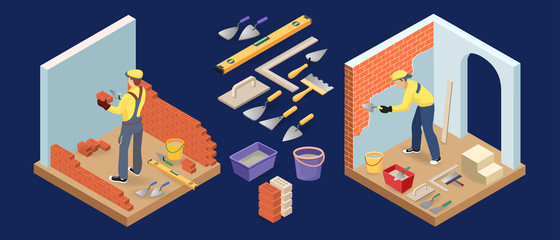Builder with tools and materials. Vector illustration.