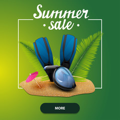 Summer sale, square web banner for your website with diving mask, fins and palm leaves