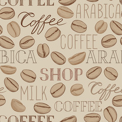 Coffee seamless pattern. Coffee beans and lettering COFFEE hand-drawn background