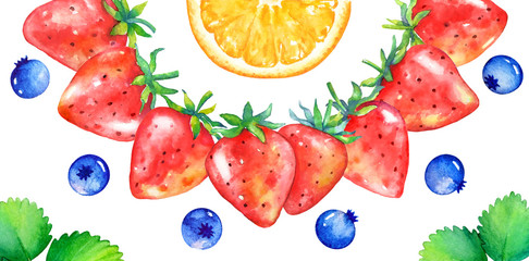 Colorful food design with watercolor berries and fruits