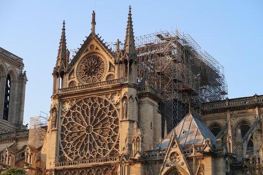 Cath&eacute;drale Notre-Dame de Paris apr&egrave;s l'incendie du 15 avril 2019 : &eacute;chafaudage, pignon sud calcin&eacute; et rosace intacte (France)