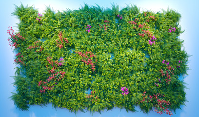 Wall is full of vegetation green color, 3D illustration. 