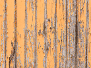 Peeling orange paint on old wooden wall