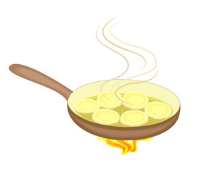 Fresh delicious mouth-watering pancakes. Fry in a frying pan on fire. There is a hot steam. Delicious food. Vector illustration