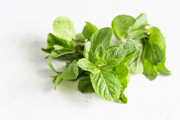 Fresh mint leaves on grey stone table. Copy space. 