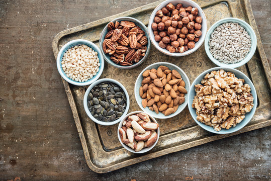 Food: Variation of nuts in bowls