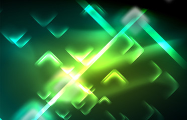 Neon square and line lights on dark background with blurred effects