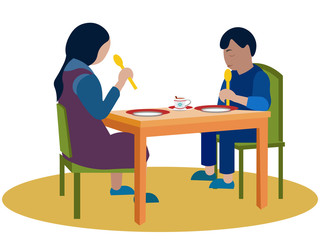Lunch in kindergarten. Children eat food. In minimalist style Cartoon flat Vector
