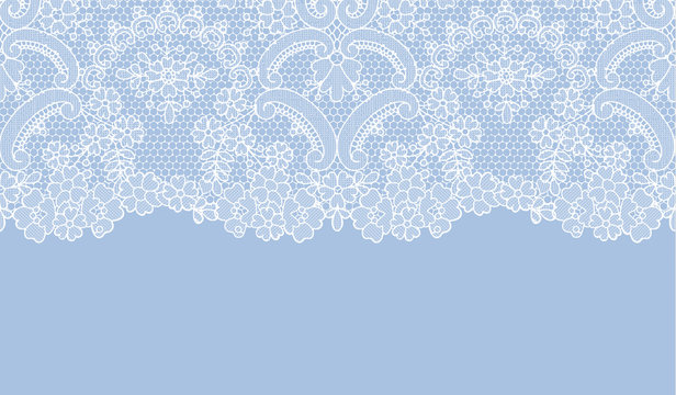 Horizontally seamless blue lace background with floral pattern