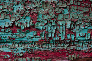 Fototapeta premium Old shabby wooden surface with cracked color paint, texture, aquamarine 