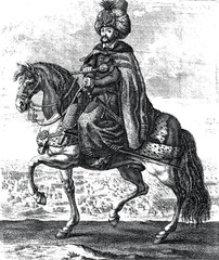 Ottoman Sultan riding a horse, vintage engraving