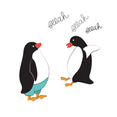 Vector illustration of penguin in comic style. Cool sticker for cover, poster, diary, notebook, case or fabric. Original funny drawings for prints.