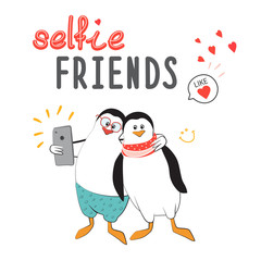 Friends take selfies. Penguins in the style of comics. Design for sticker, patch, poster, personal diary. Fashion for teenagers
