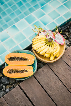 Tropical fruit assortment on poolside