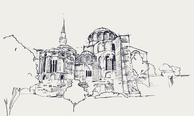 Drawing sketch illustration of Kariye Museum, Istanbul