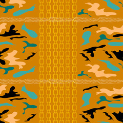 golden chains with blue and brown camouflage style figures on an orange background