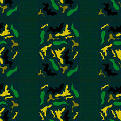 Fototapeta na wymiar chains with camouflage style figures of yellow and green colors on a dark green background
