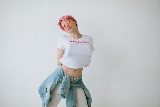 Portrait of woman with color hair