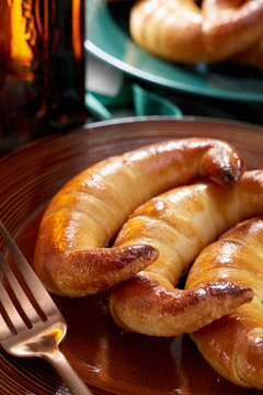 Butter croissants on the plate, on the morning table