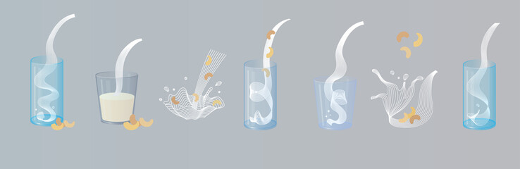 Vector glass of cashew milk with nuts