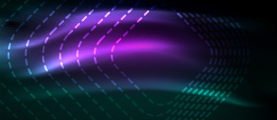 Dark background with neon glowing elements, shiny motion concept
