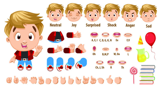 Cartoon blond boy constructor for animation. Parts of body, set of poses.