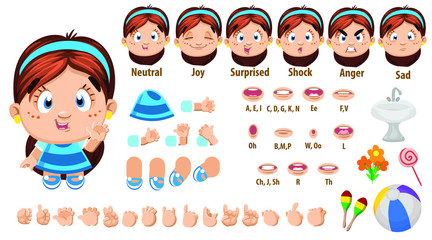 Cartoon brunette girl constructor for animation. Parts of body, set of poses.