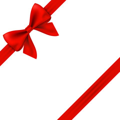 Red gift ribbon and bow on white background.