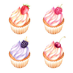 Set of cupcakes with cherry, blackberry, strawberry and raspberry. Watercolor illustration of baked goods.