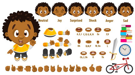 Cartoon afro-american boy constructor for animation. Parts of body, set of poses.