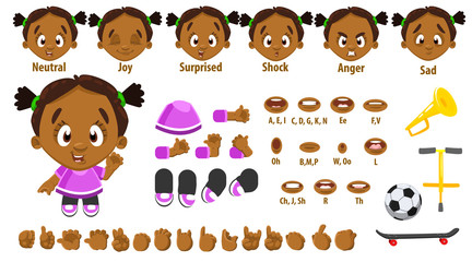 Cartoon afro-american girl constructor for animation. Parts of body, set of poses.