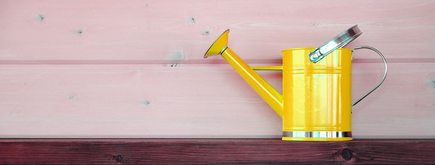 Orange metal watering can on light wooden background © Denius