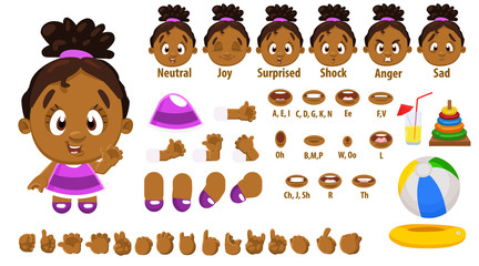 Cartoon afro-american girl constructor for animation. Parts of body, set of poses.