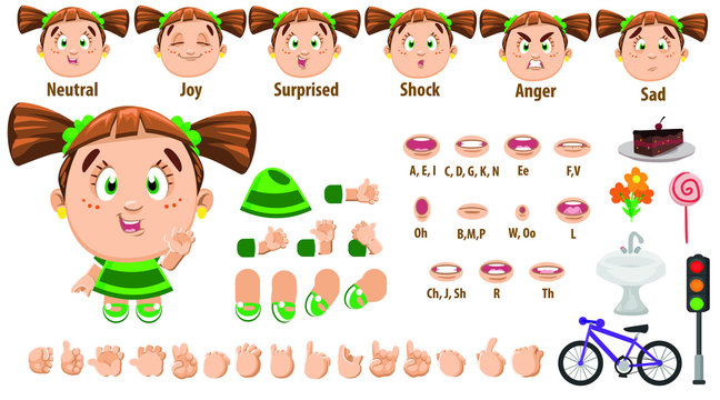 Cartoon girl with pigtails constructor for animation. Parts of body, set of poses.