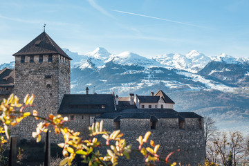 Vaduz castle on snow mountains background - obrazy, fototapety, plakaty