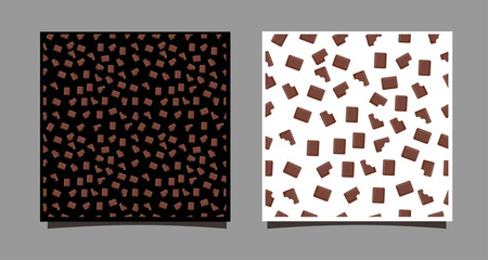 A piece of chocolate. Seamless pattern of whole and bitten chocolates on a black and white background. Vector illustration for gift paper, textile, cover, blog backdrop. For web design and card
